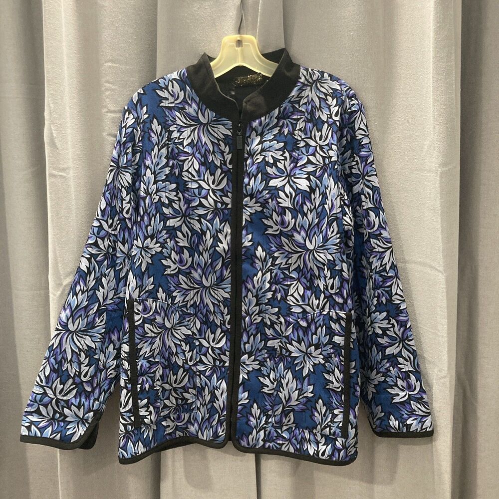 Bob Mackie Wearable Art Jacket All Over Floral Print Blue Large
